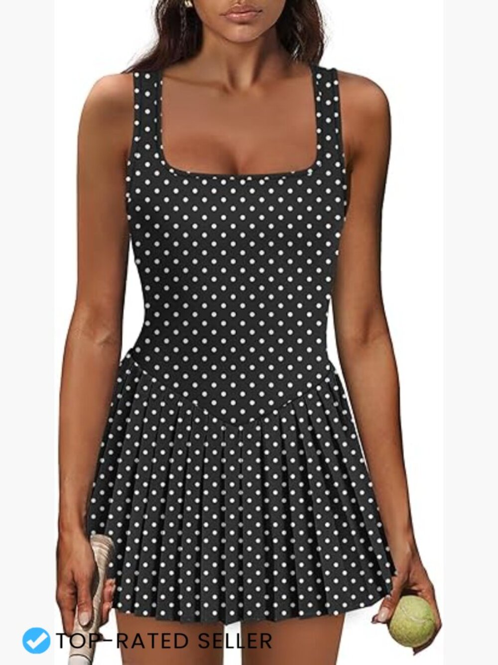 Built-In Shorts Tennis Dress U Neck Pleated Sleeveless Athletic Golf Dress